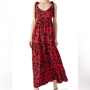 CAARA Red Black Steffi Floral Tie-Strap Empire
Waist Maxi Dress Size L